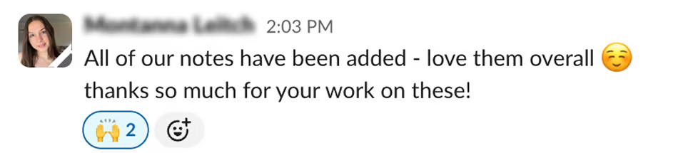 Client message thanking the team for their work