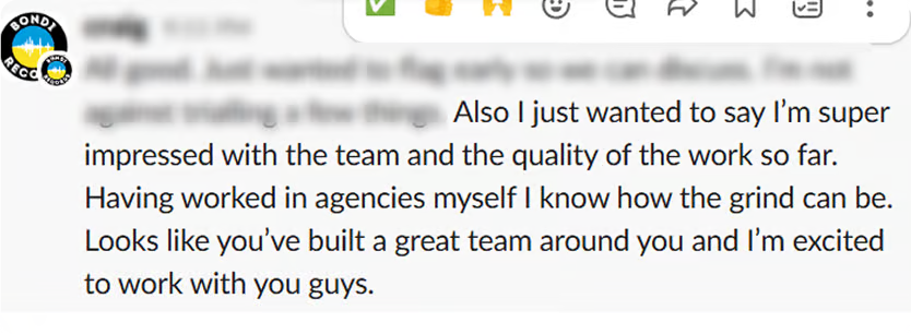 Client message praising the quality of the work